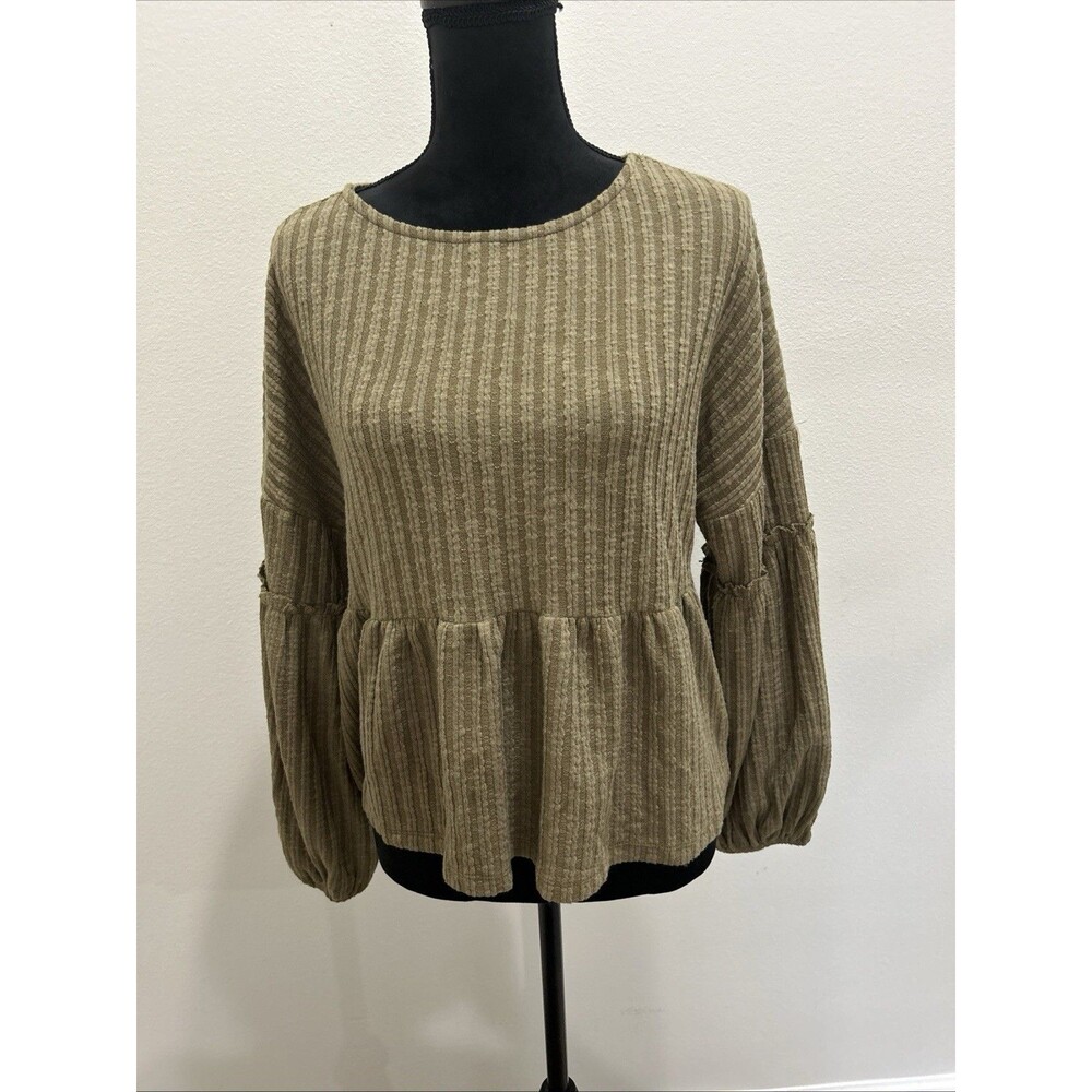 Peach Love Women Sz S Peplum Top Balloon Sleeves Olive Green Boho